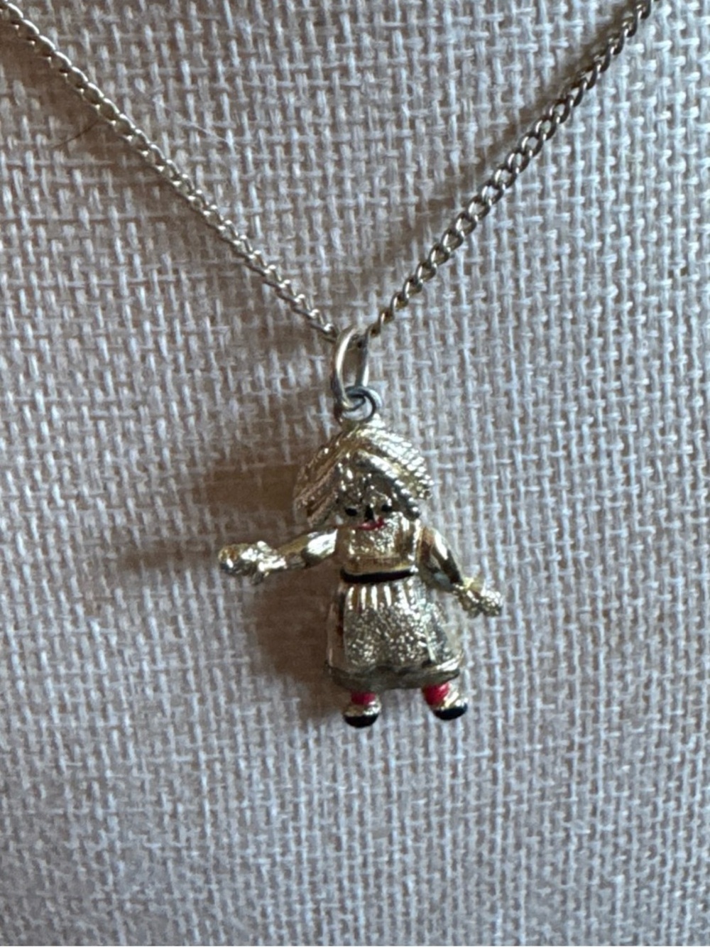 Vintage Emmitsburg raggedy Ann  Charm Pendant Necklace with Red Accent